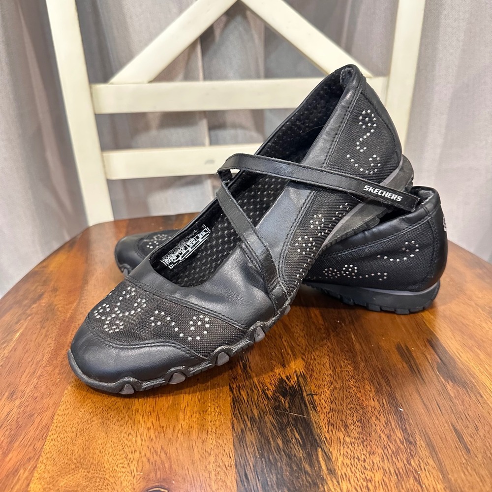 Skechers Mary Jane Flats Women Black Studded Rhinestone Comfort Gorpcore Shoes 9